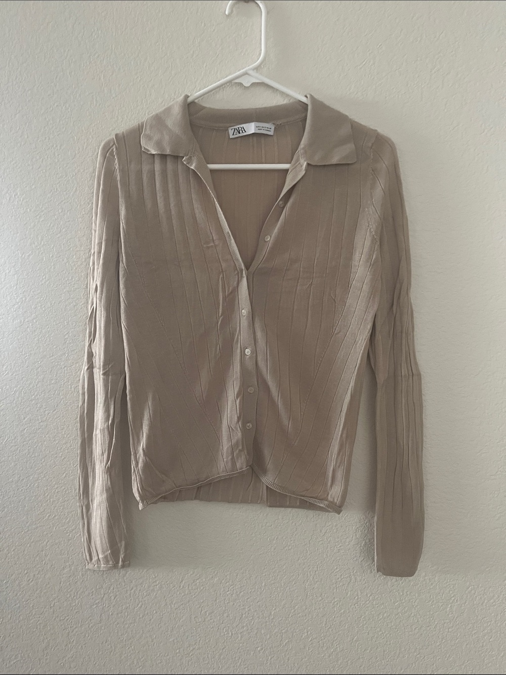 Zara Beige Ribbed Button-Front Collared Top